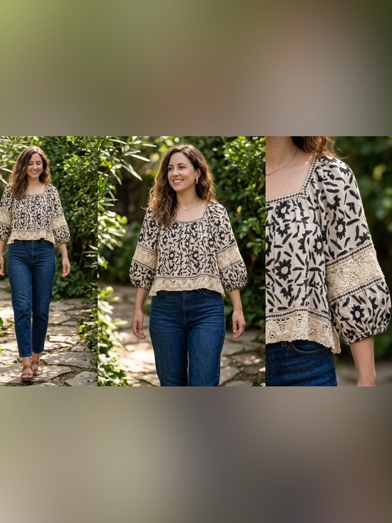 Christian Siriano Tops - Christian Siriano Boho Linen Blend Embroidered Square Neck Puff Sleeve Blouse L
